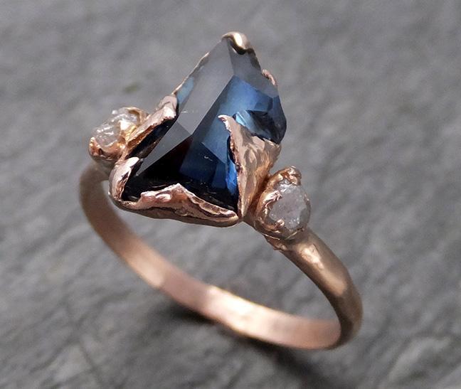 Partially faceted Raw Sapphire Diamond 14k rose Gold Engagement Ring Wedding Ring Custom One Of a Kind Gemstone Ring Multi stone Ring 0709 - by Angeline
