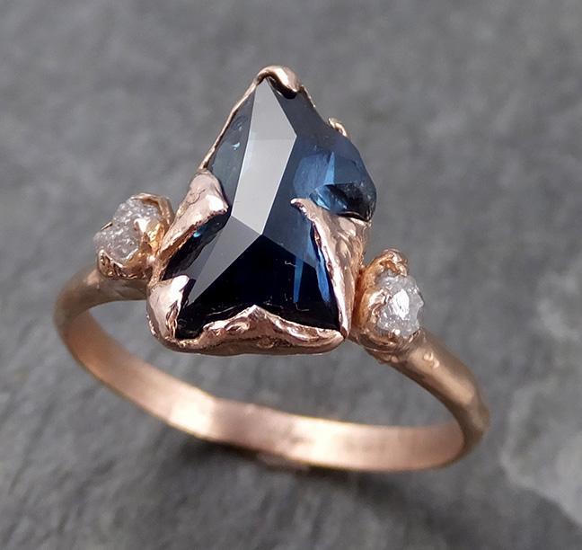Partially faceted Raw Sapphire Diamond 14k rose Gold Engagement Ring Wedding Ring Custom One Of a Kind Gemstone Ring Multi stone Ring 0709 - by Angeline