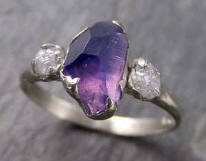 Partially faceted Raw Sapphire Diamond 14k white Gold Engagement Ring Wedding Ring Custom One Of a Kind Gemstone Ring Three stone Ring 0710 - by Angeline
