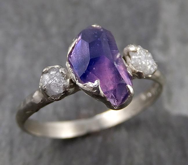 Partially faceted Raw Sapphire Diamond 14k white Gold Engagement Ring Wedding Ring Custom One Of a Kind Gemstone Ring Three stone Ring 0710 - by Angeline