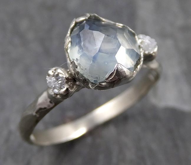 Partially faceted Raw Sapphire Diamond 14k white Gold Engagement Ring Wedding Ring Custom One Of a Kind Gemstone Ring Three stone Ring 0711 - by Angeline
