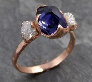 Partially Faceted Sapphire Raw Multi stone Rough Diamond 14k rose gold Engagement Ring Wedding Ring Custom One Of a Kind violet gemstone 0717 - by Angeline