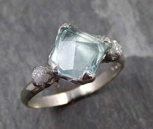 Raw Rough and partially Faceted Aquamarine Diamond 14k white gold Multi stone Ring One Of a Kind Gemstone Ring Recycled gold 0718 - by Angeline