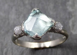 Raw Rough and partially Faceted Aquamarine Diamond 14k white gold Multi stone Ring One Of a Kind Gemstone Ring Recycled gold 0718 - by Angeline
