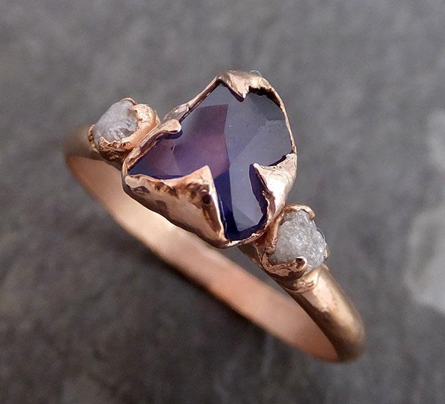 Partially faceted Raw Sapphire Diamond 14k rose Gold Engagement Ring Wedding Ring Custom One Of a Kind Violet Gemstone Ring Three stone Ring 0719 - by Angeline