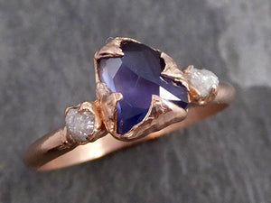 Partially faceted Raw Sapphire Diamond 14k rose Gold Engagement Ring Wedding Ring Custom One Of a Kind Violet Gemstone Ring Three stone Ring 0719 - by Angeline