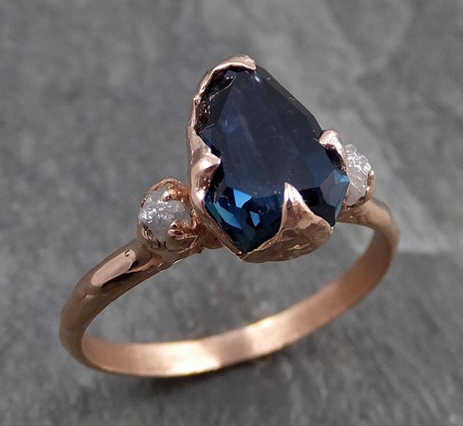 Partially faceted Sapphire Diamond 14k rose Gold Engagement Ring Wedding Ring Custom One Of a Kind Blue Gemstone Ring Three stone Ring 0720 - by Angeline
