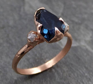 Partially faceted Sapphire Diamond 14k rose Gold Engagement Ring Wedding Ring Custom One Of a Kind Blue Gemstone Ring Three stone Ring 0720 - by Angeline