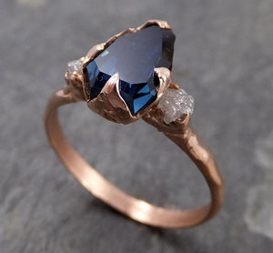 Partially faceted Sapphire Diamond 14k rose Gold Engagement Ring Wedding Ring Custom One Of a Kind Blue Gemstone Ring Three stone Ring 0720 - by Angeline