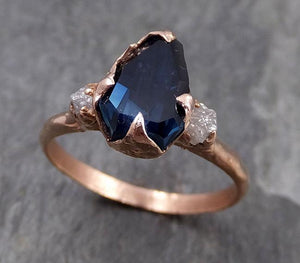 Partially faceted Sapphire Diamond 14k rose Gold Engagement Ring Wedding Ring Custom One Of a Kind Blue Gemstone Ring Three stone Ring 0720 - by Angeline