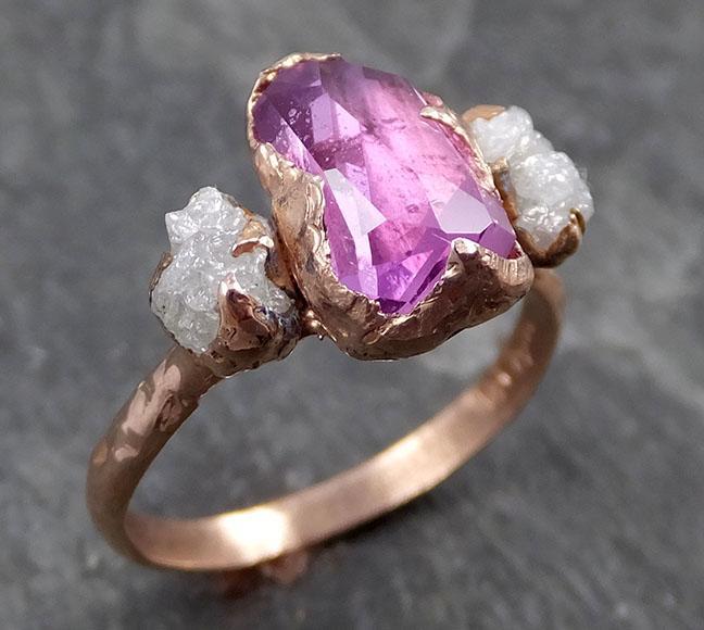 Partially Faceted Sapphire Raw Multi stone Rough Diamond 14k rose Gold Engagement Ring Wedding Ring Custom One Of a Kind Gemstone Ring Three stone 0727 - by Angeline