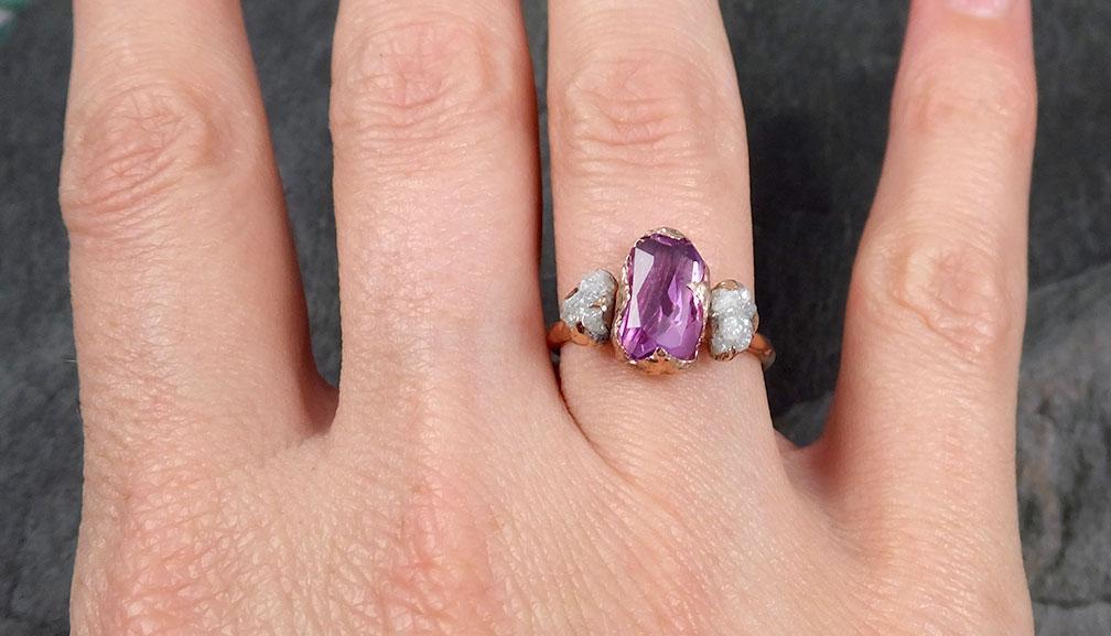 Partially Faceted Sapphire Raw Multi stone Rough Diamond 14k rose Gold Engagement Ring Wedding Ring Custom One Of a Kind Gemstone Ring Three stone 0727 - by Angeline