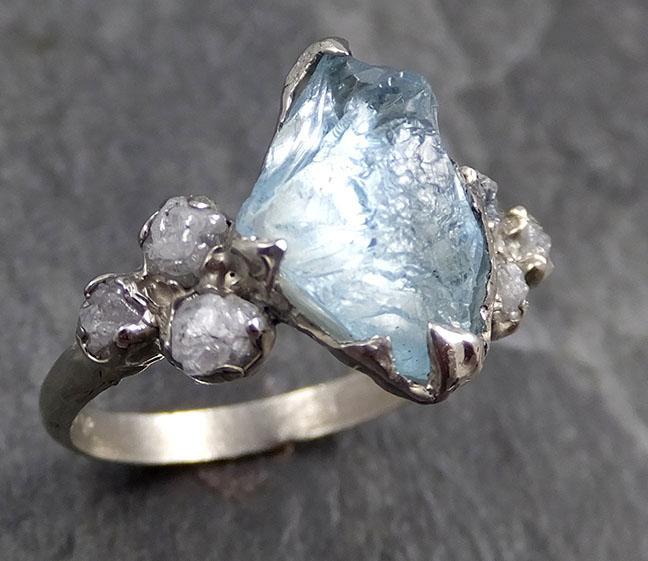 Raw Uncut Aquamarine Diamond White Gold Engagement Ring Wedding Ring Custom One Of a Kind Gemstone Ring Multi stone Ring 0735 - by Angeline