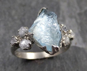 Raw Uncut Aquamarine Diamond White Gold Engagement Ring Wedding Ring Custom One Of a Kind Gemstone Ring Multi stone Ring 0735 - by Angeline