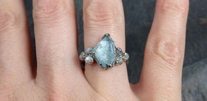 Raw Uncut Aquamarine Diamond White Gold Engagement Ring Wedding Ring Custom One Of a Kind Gemstone Ring Multi stone Ring 0735 - by Angeline