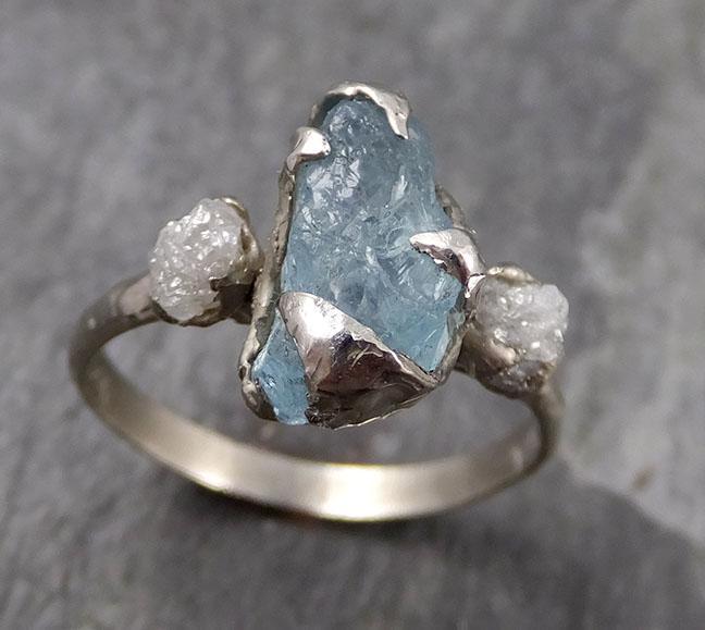 Raw Uncut Aquamarine Diamond white 14k Gold Engagement Ring Wedding Ring Custom One Of a Kind Gemstone Ring Multi stone Ring 0736 - by Angeline