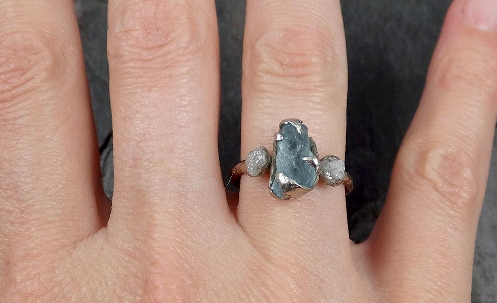 Raw Uncut Aquamarine Diamond white 14k Gold Engagement Ring Wedding Ring Custom One Of a Kind Gemstone Ring Multi stone Ring 0736 - by Angeline