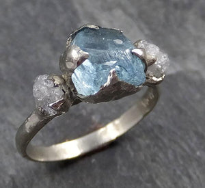 Raw Uncut Aquamarine Diamond white 14k Gold Engagement Ring Wedding Ring Custom One Of a Kind Gemstone Ring Multi stone Ring 0737 - by Angeline