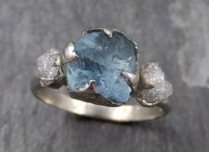 Raw Uncut Aquamarine Diamond white 14k Gold Engagement Ring Wedding Ring Custom One Of a Kind Gemstone Ring Multi stone Ring 0737 - by Angeline