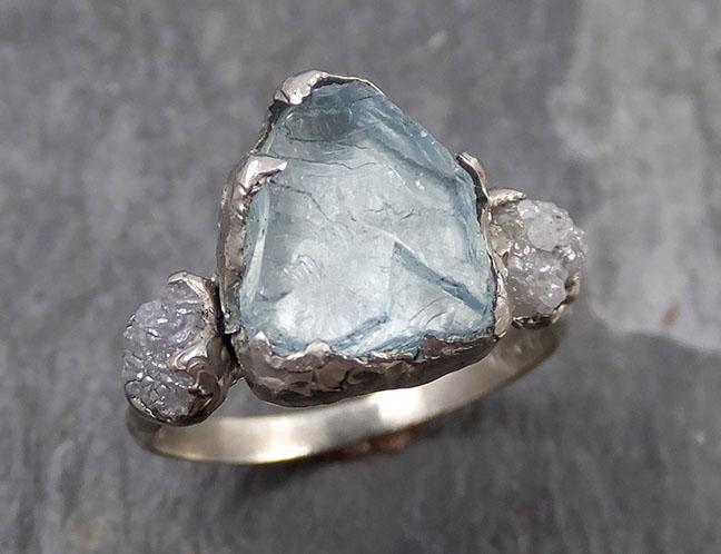 Raw Uncut Aquamarine Diamond white 14k Gold Engagement Ring Wedding Ring Custom One Of a Kind Gemstone Ring Multi stone Ring 0738 - by Angeline