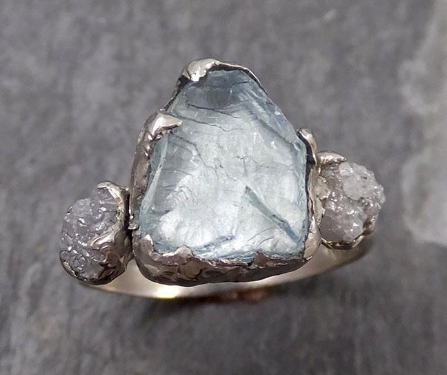 Raw Uncut Aquamarine Diamond white 14k Gold Engagement Ring Wedding Ring Custom One Of a Kind Gemstone Ring Multi stone Ring 0738 - by Angeline