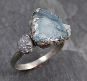 Raw Uncut Aquamarine Diamond white 14k Gold Engagement Ring Wedding Ring Custom One Of a Kind Gemstone Ring Multi stone Ring 0738 - by Angeline