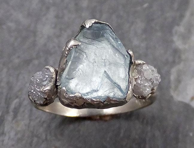 Raw Uncut Aquamarine Diamond white 14k Gold Engagement Ring Wedding Ring Custom One Of a Kind Gemstone Ring Multi stone Ring 0738 - by Angeline