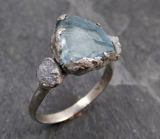 Raw Uncut Aquamarine Diamond white 14k Gold Engagement Ring Wedding Ring Custom One Of a Kind Gemstone Ring Multi stone Ring 0738 - by Angeline
