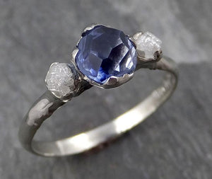Partially faceted Montana Sapphire Rough Diamond 14k white Gold Engagement Ring Wedding Ring Custom One Of a Kind Gemstone Ring Three stone Ring 0754 - Gemstone ring by Angeline