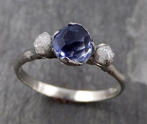 Partially faceted Montana Sapphire Rough Diamond 14k white Gold Engagement Ring Wedding Ring Custom One Of a Kind Gemstone Ring Three stone Ring 0754 - Gemstone ring by Angeline