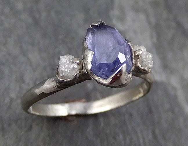 Partially faceted Raw Sapphire Diamond 14k white Gold Engagement Ring Wedding Ring Custom One Of a Kind Gemstone Ring Three stone Ring 0756 - Gemstone ring by Angeline