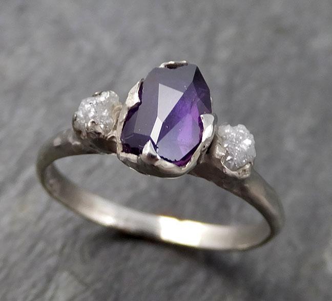 Partially faceted Raw Sapphire Diamond 14k white Gold Engagement Ring Wedding Ring Custom One Of a Kind Gemstone Ring Three stone Ring 0755 - Gemstone ring by Angeline