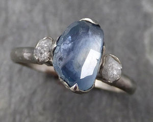 Partially faceted Raw Sapphire Diamond 14k white Gold Engagement Ring Wedding Ring Custom One Of a Kind Gemstone Ring Three stone Ring 0757 - Gemstone ring by Angeline