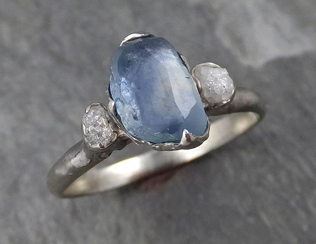 Partially faceted Raw Sapphire Diamond 14k white Gold Engagement Ring Wedding Ring Custom One Of a Kind Gemstone Ring Three stone Ring 0757 - Gemstone ring by Angeline
