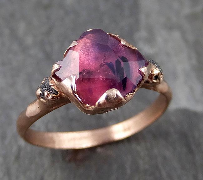 Partially faceted Raw Sapphire Diamond 14k rose Gold Engagement Ring Wedding Ring Custom One Of a Kind Violet Gemstone Ring Three stone Ring 0758 - Gemstone ring by Angeline