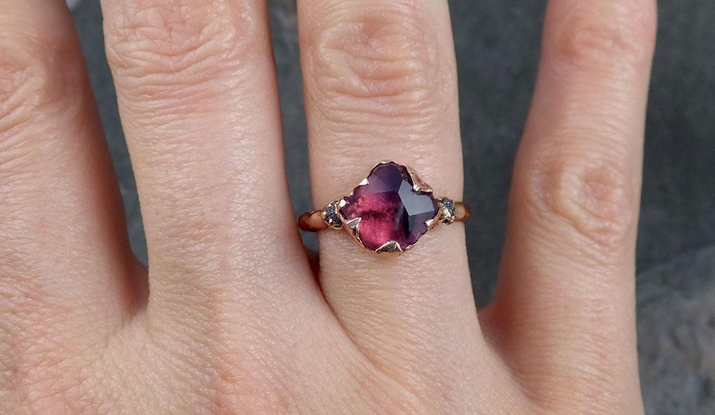 Partially faceted Raw Sapphire Diamond 14k rose Gold Engagement Ring Wedding Ring Custom One Of a Kind Violet Gemstone Ring Three stone Ring 0758 - Gemstone ring by Angeline