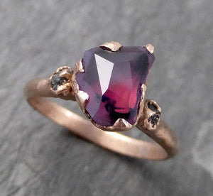 Partially faceted Raw Sapphire Diamond 14k rose Gold Engagement Ring Wedding Ring Custom One Of a Kind Violet Gemstone Ring Three stone Ring 0759 - Gemstone ring by Angeline