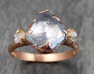 Raw Rough and partially Faceted Aquamarine Diamond 14k rose gold Multi stone Ring One Of a Kind Gemstone Ring Recycled gold 0894 - by Angeline
