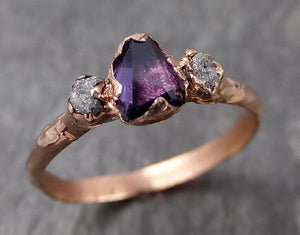 Dainty Partially Faceted Sapphire Raw Multi stone Rough Diamond 14k Gold Engagement Ring Wedding Ring Custom One Of a Kind Gemstone Ring Three stone 0905 - by Angeline