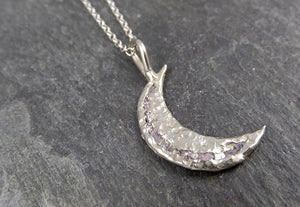 Raw Rough Dainty Diamond 14k White Gold Moon Pendant Charm Necklace black diamond Hammered Moon By Angeline 0906 - by Angeline