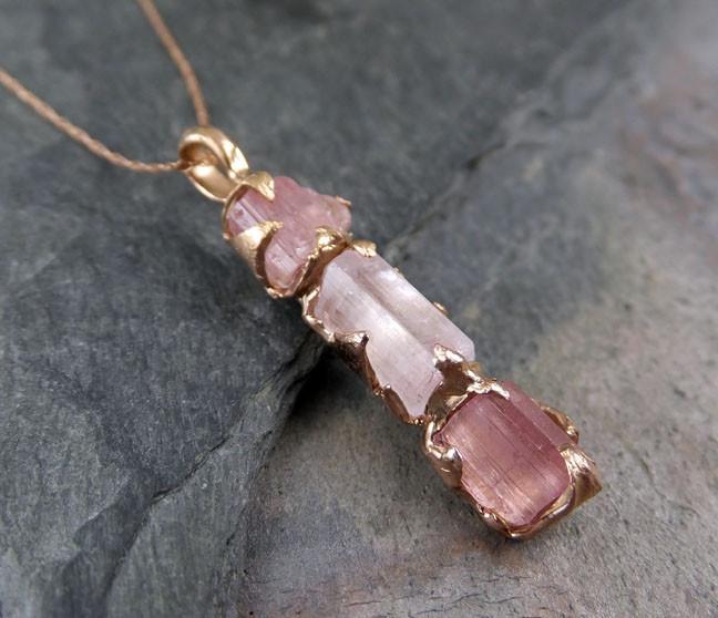 Raw Pink Tourmaline Rose Gold Pendant Necklace Rough Uncut Pastel Pink Gemstone recycled 14k - by Angeline