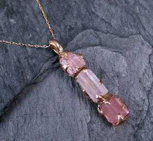 Raw Pink Tourmaline Rose Gold Pendant Necklace Rough Uncut Pastel Pink Gemstone recycled 14k - by Angeline