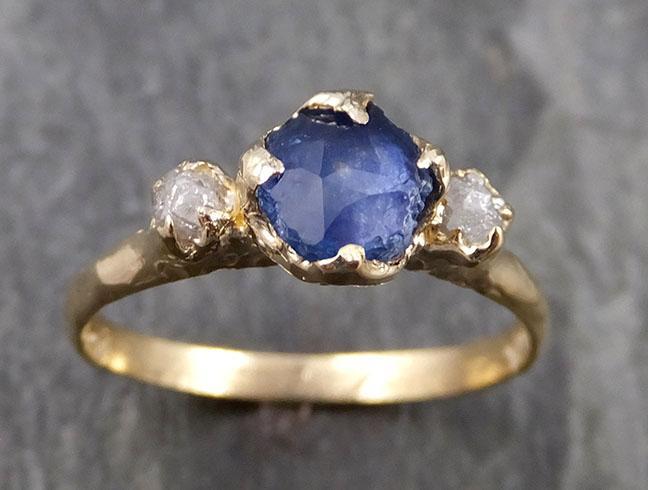 Partially faceted Montana Sapphire Diamond 14k yellow Gold Engagement Ring Wedding Ring Custom One Of a Kind blue Gemstone Ring Multi stone Ring 1064 - by Angeline