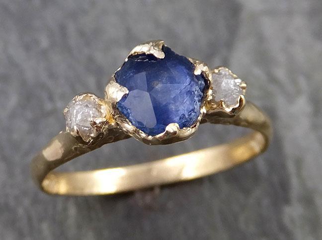 Partially faceted Montana Sapphire Diamond 14k yellow Gold Engagement Ring Wedding Ring Custom One Of a Kind blue Gemstone Ring Multi stone Ring 1064 - by Angeline