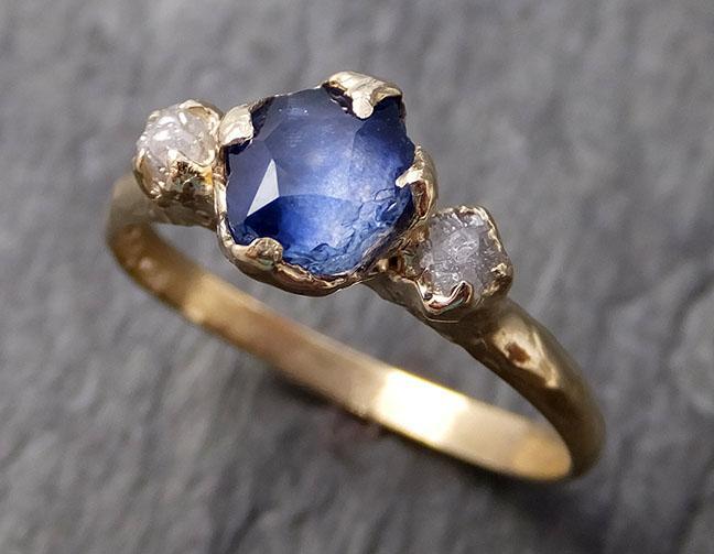 Partially faceted Montana Sapphire Diamond 14k yellow Gold Engagement Ring Wedding Ring Custom One Of a Kind blue Gemstone Ring Multi stone Ring 1064 - by Angeline