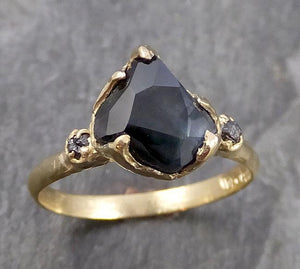 Partially faceted Sapphire natural sapphire gemstone Raw Rough Diamond 18k Yellow Gold Engagement ring multi stone 1069 - by Angeline