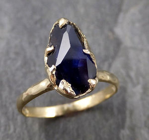 Partially Faceted Blue Sapphire Solitaire 18k yellow Gold Engagement Ring Wedding Ring Custom One Of a Kind Gemstone Ring 1070 - by Angeline