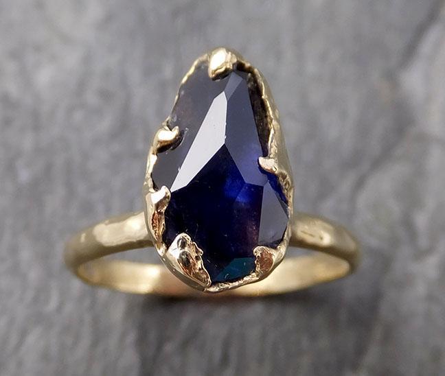 Partially Faceted Blue Sapphire Solitaire 18k yellow Gold Engagement Ring Wedding Ring Custom One Of a Kind Gemstone Ring 1070 - by Angeline