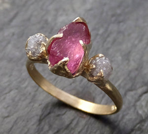 Raw Pink Tourmaline Diamond 14k yellow Gold Multi stone Engagement Ring Wedding Ring One Of a Kind Gemstone Ring Bespoke Three stone Ring 1073 - by Angeline