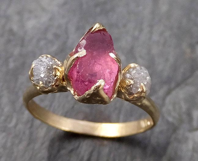 Raw Pink Tourmaline Diamond 14k yellow Gold Multi stone Engagement Ring Wedding Ring One Of a Kind Gemstone Ring Bespoke Three stone Ring 1073 - by Angeline